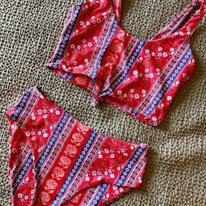 Folk-style pattern high rise knotted bikini